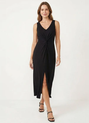 Marialícia - Vestido Midi Detalhe Torcido Feminino Preto - MARIALÍCIA