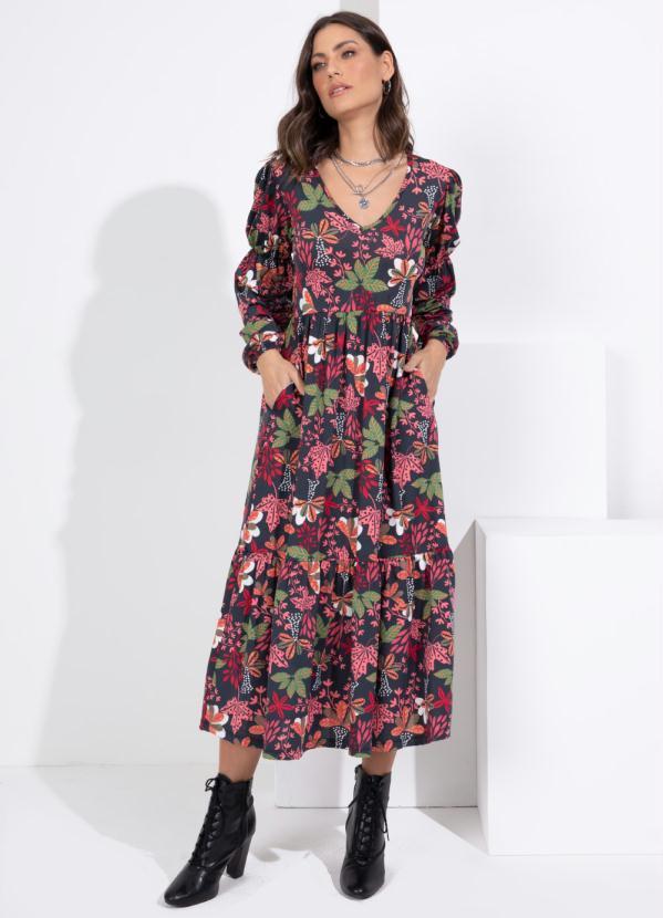Queima Estoque - Vestido Midi em Camadas Floral Folk 3