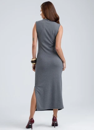 Gris - Vestido Midi em Canelado Aveludado Cinza Médio - GRIS