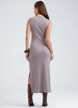 Gris - Vestido Midi em Canelado Aveludado Lilás - GRIS