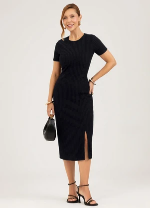 Cativa - Vestido Midi em Canelado Aveludado  Preto - CATIVA