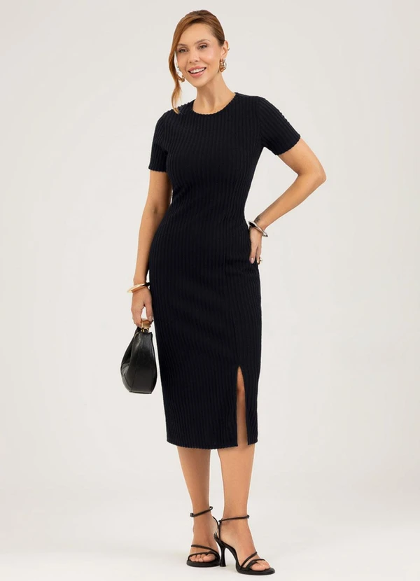 Cativa - Vestido Midi em Canelado Aveludado Preto