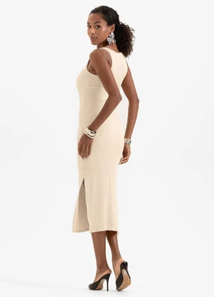 Cativa - Vestido Midi em Canelado  Bege - CATIVA