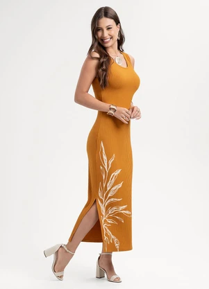 Habana - Vestido Midi em Canelado  Laranja - HABANA