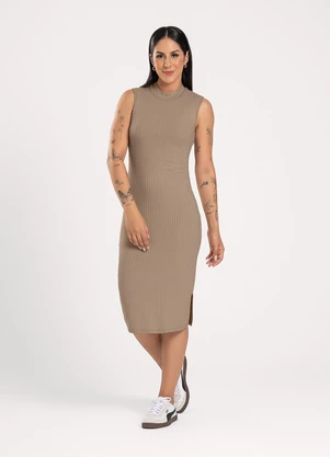 Cativa - Vestido Midi em Canelado Marrom Claro - CATIVA
