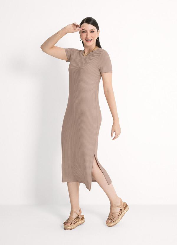 Habana - Vestido Midi em Canelado Marrom Claro