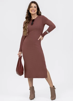 Habana - Vestido Midi em Canelado Marrom Escuro - HABANA