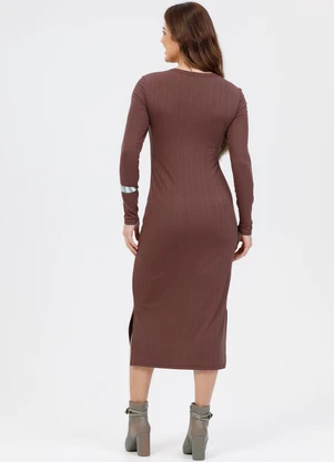 Habana - Vestido Midi em Canelado Marrom Escuro - HABANA
