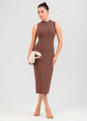 Cativa - Vestido Midi em Canelado Marrom - CATIVA