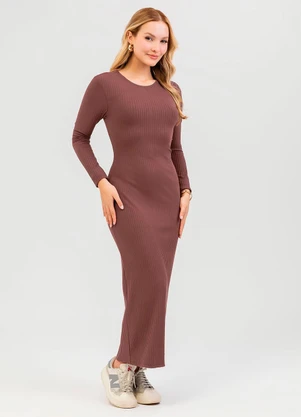 Cativa - Vestido Midi em Canelado Marrom - CATIVA