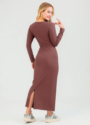 Cativa - Vestido Midi em Canelado Marrom - CATIVA