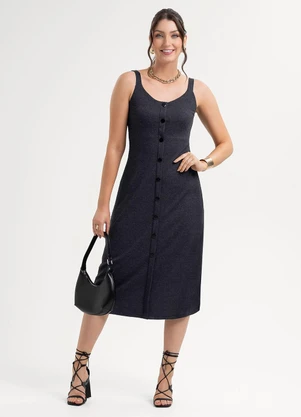 Habana - Vestido Midi em Canelado Preto - HABANA