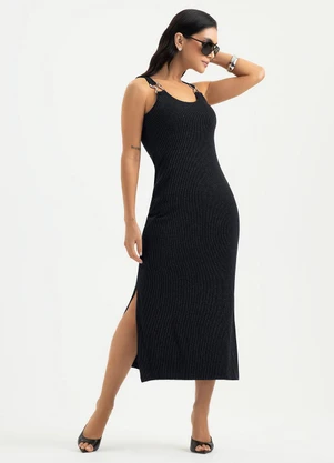 Cativa - Vestido Midi em Canelado  Preto - CATIVA