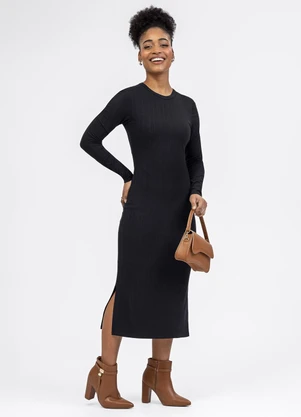 Habana - Vestido Midi em Canelado Preto - HABANA