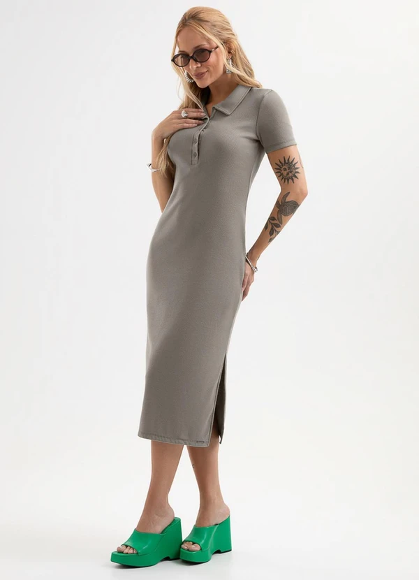 Cativa - Vestido Midi em Canelado Tricô Cinza