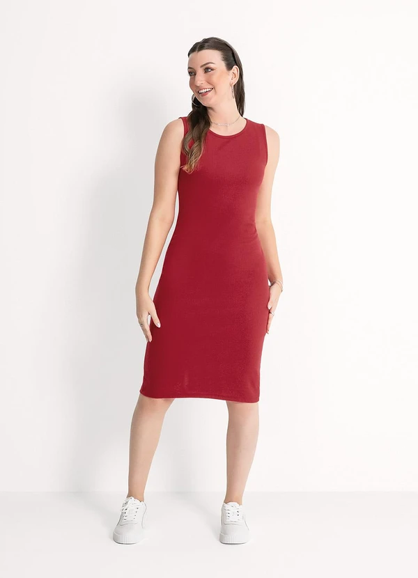 Habana - Vestido Midi em Canelado Vermelho Escuro