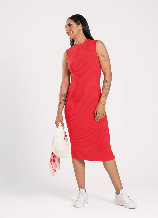 Cativa - Vestido Midi em Canelado Vermelho