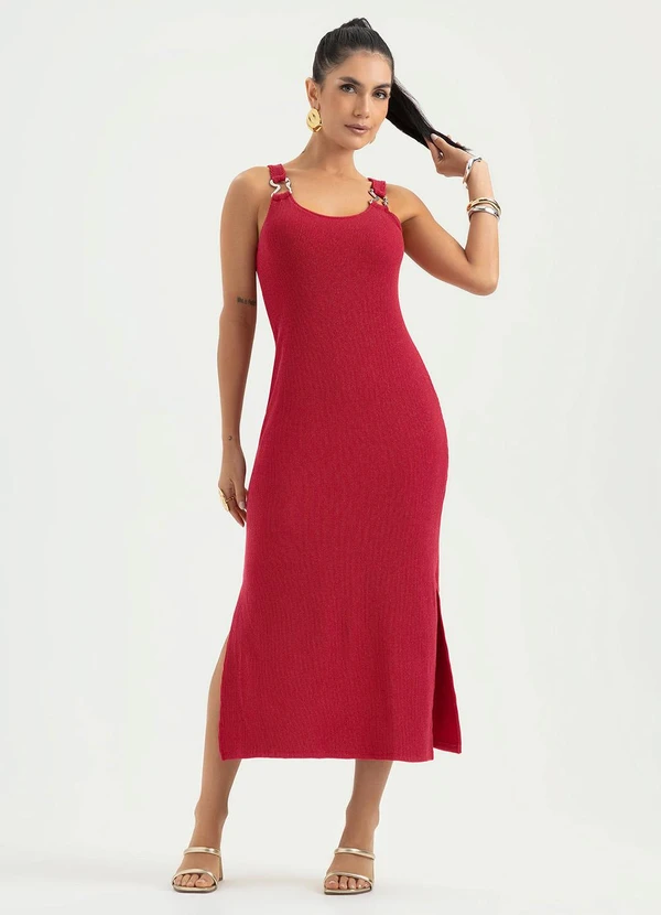 Cativa - Vestido Midi em Canelado Vermelho