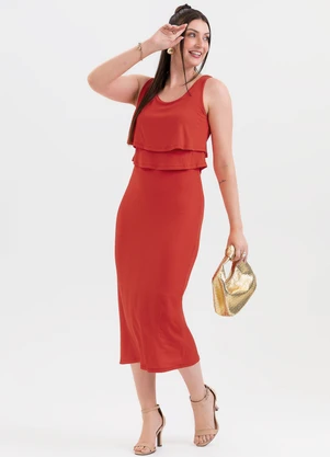 Habana - Vestido Midi em Canelado  Vermelho - HABANA