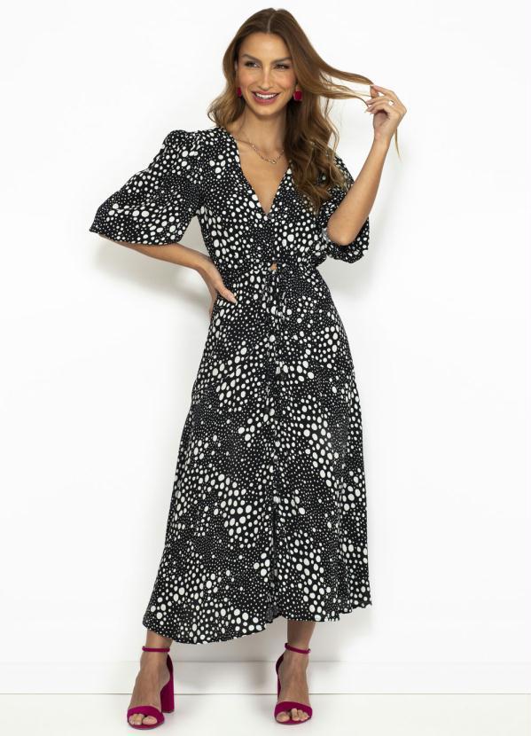 Farm - Vestido Midi em Crepe Mar de Poá Preto