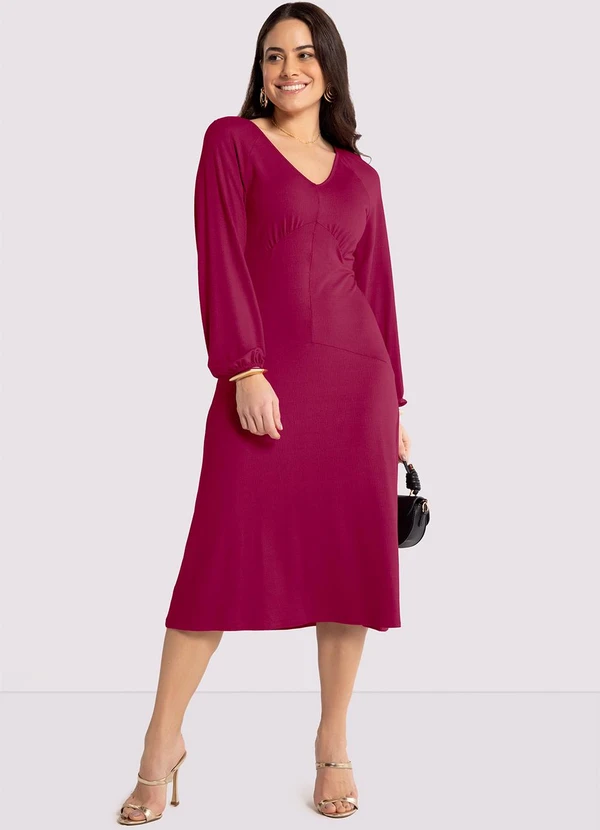 Plus Size Vestido Midi Canelado Manga Longa Vestido Mídi Canelado