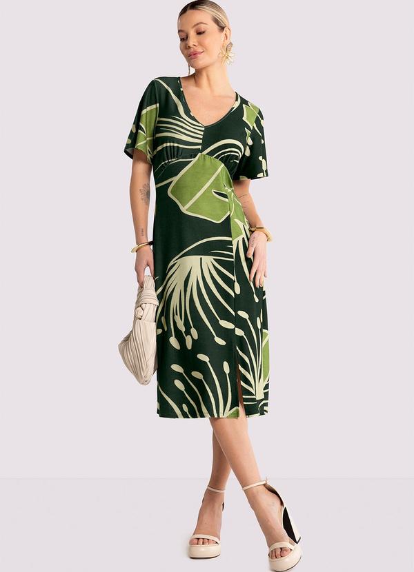 Lunender - Vestido Midi em Malha Crepe com Fenda Verde