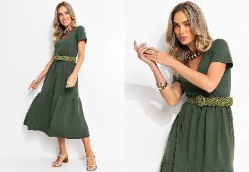 Vestido Midi em Malha de Algodo Verde Militar