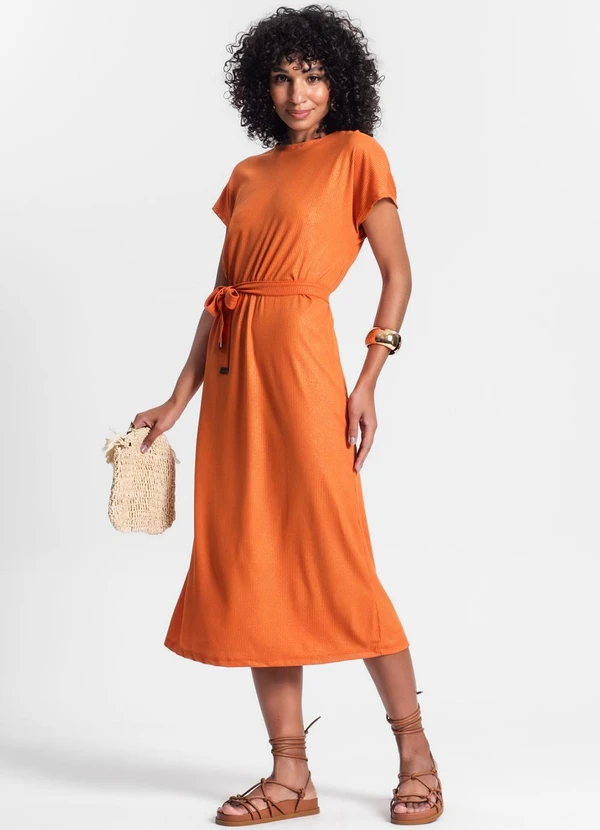 Rovitex - Vestido Midi em Ribana Canelada Laranja