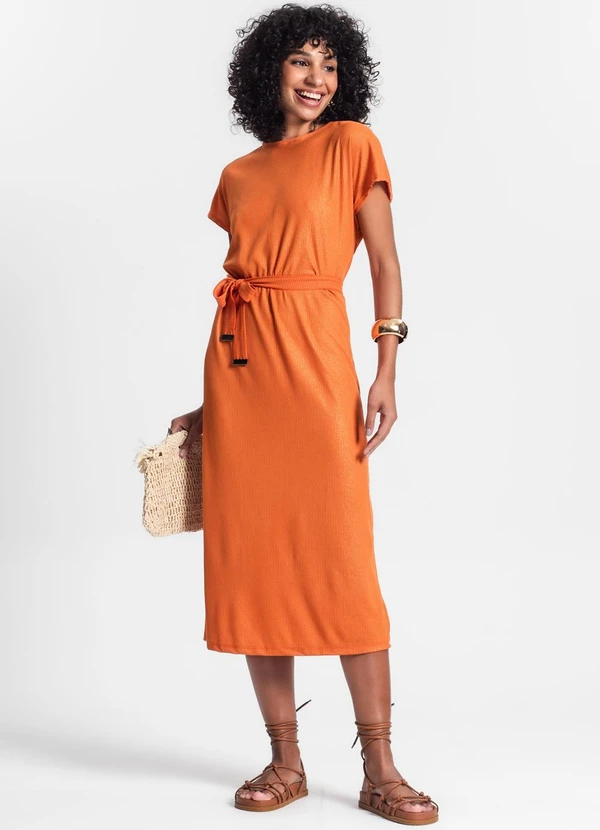 Rovitex - Vestido Midi em Ribana Canelada Laranja 3