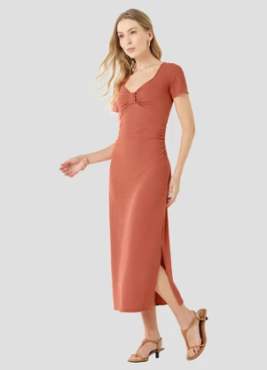 Cereja Rosa - Vestido Midi em Ribana Canelada Laranja - CEREJA ROSA