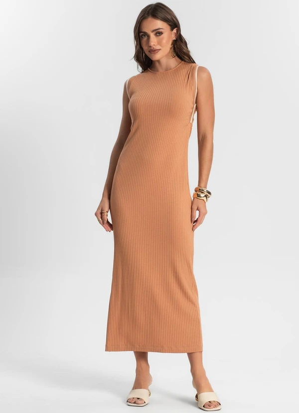 Endless - Vestido Midi em Ribana Canelada Marrom