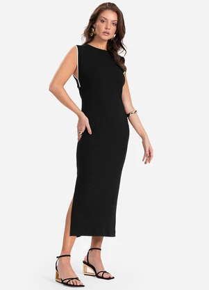Endless - Vestido Midi em Ribana Canelada Preto - ENDLESS