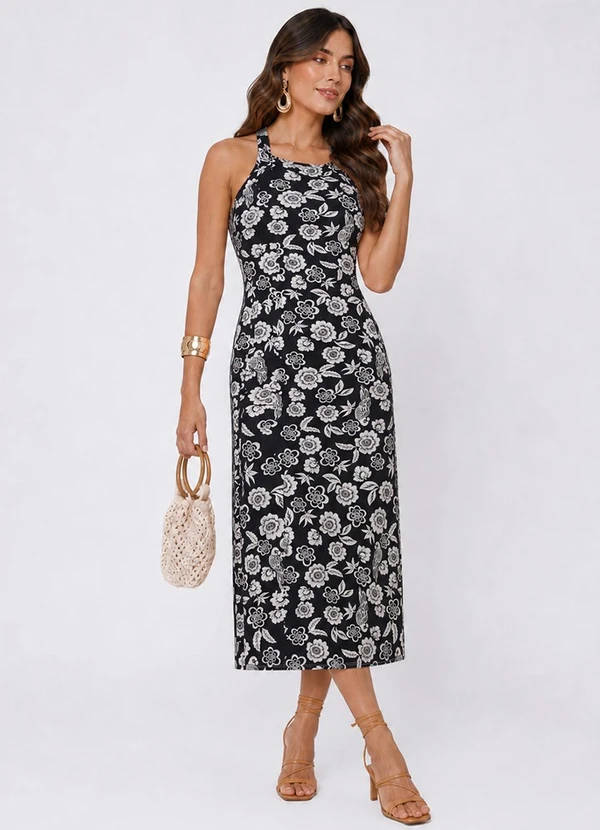 Select - Vestido Midi em Ribana Canelada Preto