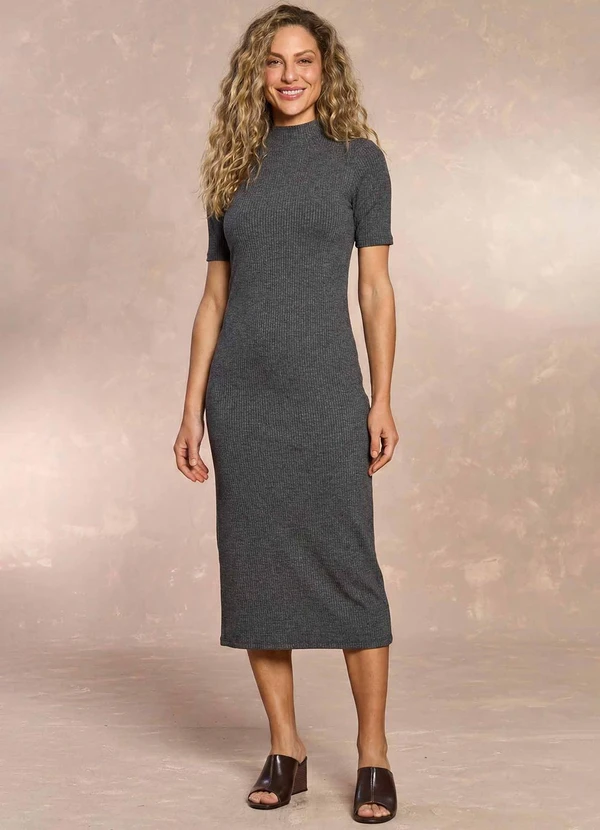 Doce Trama - Vestido Midi em Ribana com Gola Baixa Cinza