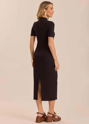 Doce Trama - Vestido Midi em Ribana com Gola Baixa Preto - DOCE TRAMA