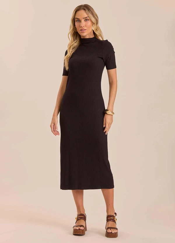 Doce Trama - Vestido Midi em Ribana com Gola Baixa Preto