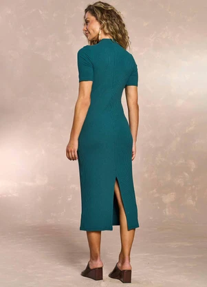 Doce Trama - Vestido Midi em Ribana com Gola Baixa Verde - DOCE TRAMA