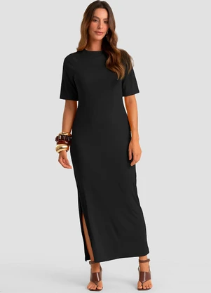 Dianna - Vestido Midi em Ribana Viscose Manga Raglan Preto - DIANNA