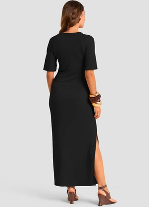 Dianna - Vestido Midi em Ribana Viscose Manga Raglan Preto - DIANNA