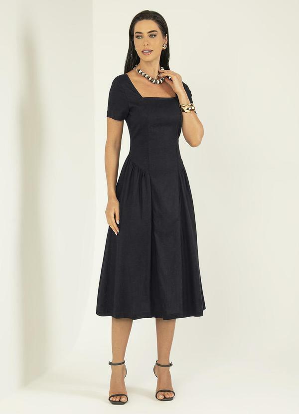 Gris - Vestido Midi em Tecido em Linho Preto