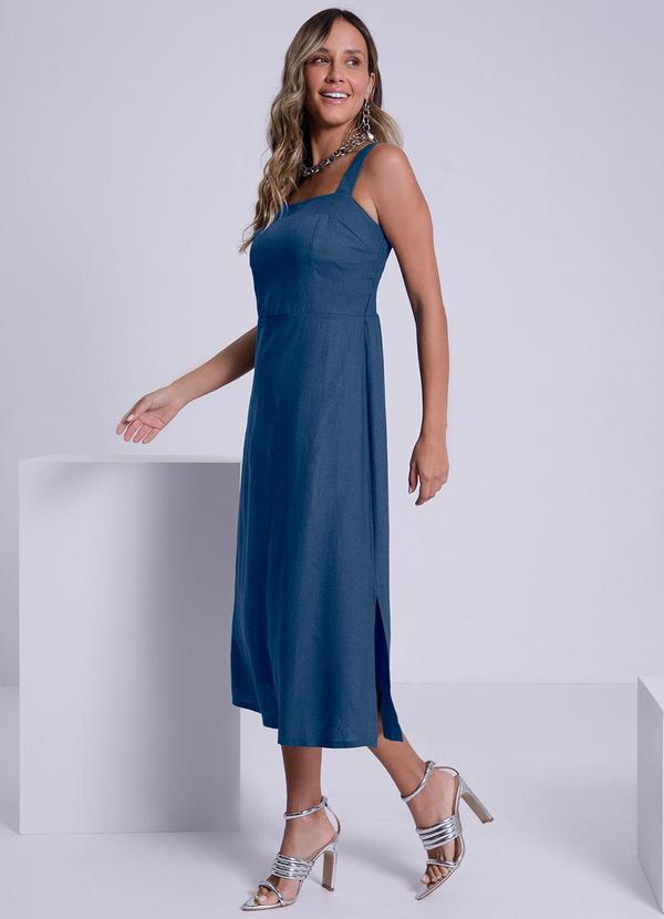 Lunender - Vestido Midi em Tecido Linho com Reto Azul