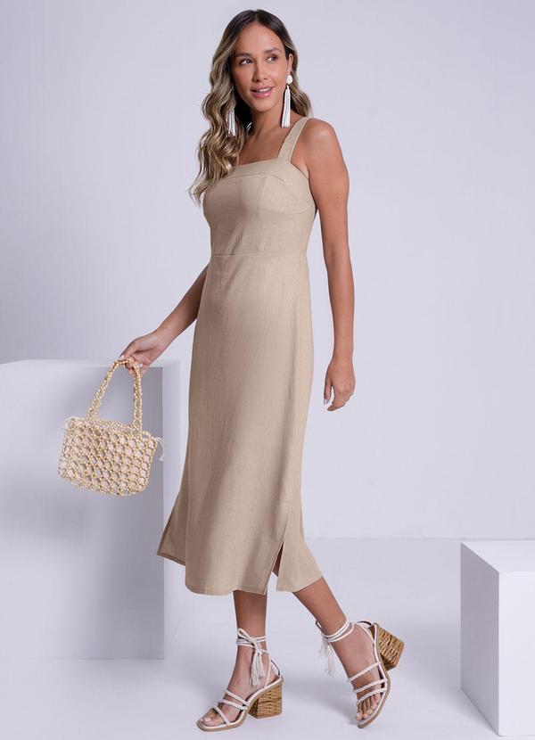 Lunender - Vestido Midi em Tecido Linho com Reto Bege 1