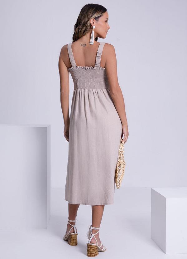 Lunender - Vestido Midi em Tecido Linho com Reto Bege 2