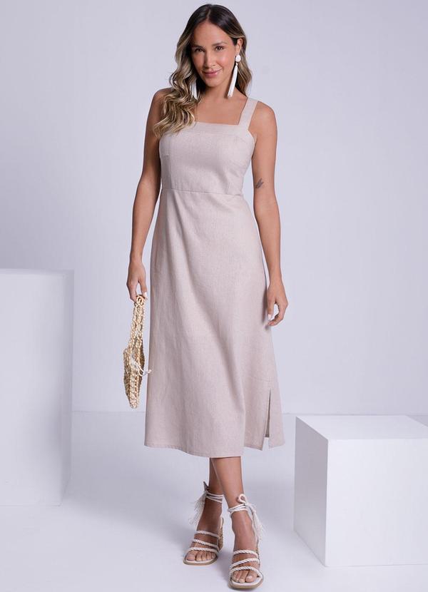 Lunender - Vestido Midi em Tecido Linho com Reto Bege 3
