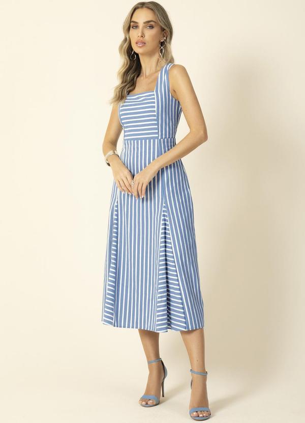 Gris - Vestido Midi em Tecido Listrado Azul