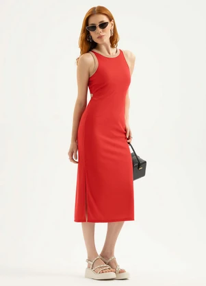 Cativa - Vestido Midi em Tecido Texturizado Vermelho - CATIVA