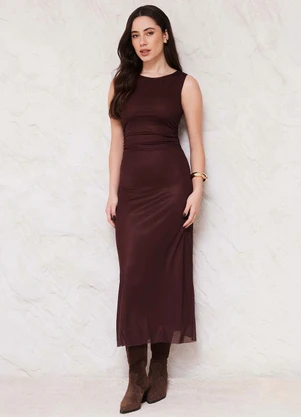 Doce Trama - Vestido Midi em Tule com Drapeado Sunset Marrom - DOCE TRAMA