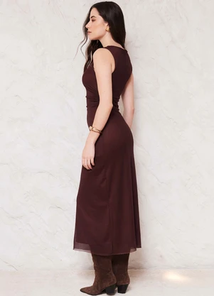 Doce Trama - Vestido Midi em Tule com Drapeado Sunset Marrom - DOCE TRAMA
