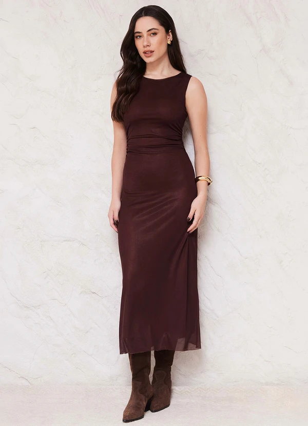 Doce Trama - Vestido Midi em Tule com Drapeado Sunset Marrom