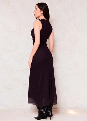Doce Trama - Vestido Midi em Tule com Drapeado Sunset Preto - DOCE TRAMA